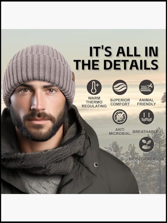 100% Merino Wool Rib Knit Beanie Cuffed Winter Hat Unisex
